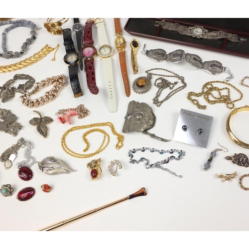 2950 - Costume jewellery including wristwatches, necklaces, bracelets and earrings housed in a rosewood box... 