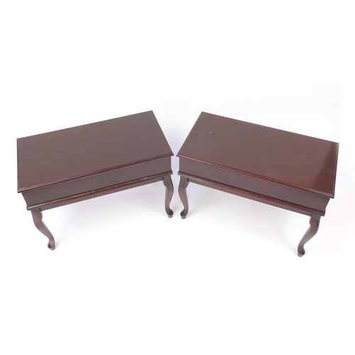 2101 - Pair of rectangular mahogany side tables, raised on cabriole legs, 58cm H x 41cm W x 78cm D