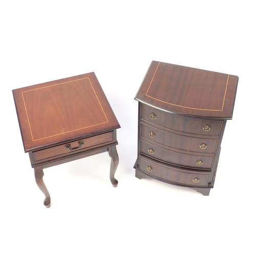 2100 - Bow front inlaid mahogany four drawer chest and occasional table with frieze drawer the largest 70cm... 