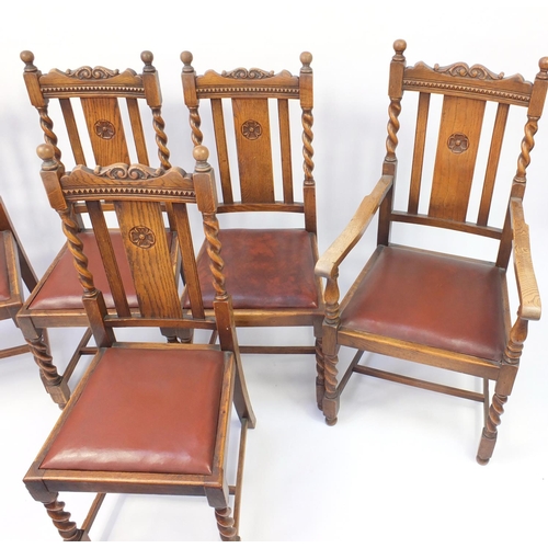 2074 - Set of five oak barley twist dining chairs including a carver