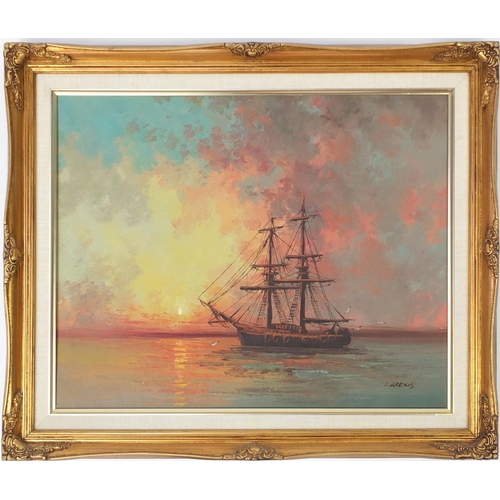 2181 - L Alexis - Ship before a sunset, oil on canvas, framed, 50cm x 40cm