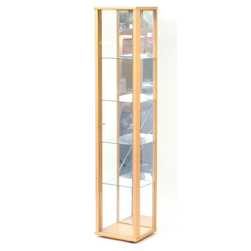 2105 - Contemporary light wood illuminated display cabinet, fitted with four glass shelves, 176cm H x 36cm ... 
