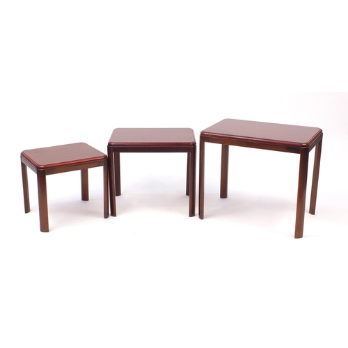 2041 - Nest of three Malaysian occasional tables, the largest 48cm H x 55cm W x 38cm D