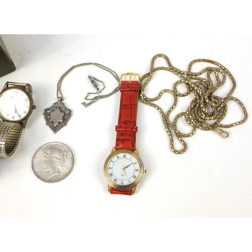 2748 - Costume jewellery including vintage wristwatches and a silver sports jewel housed in a Victorian gre... 