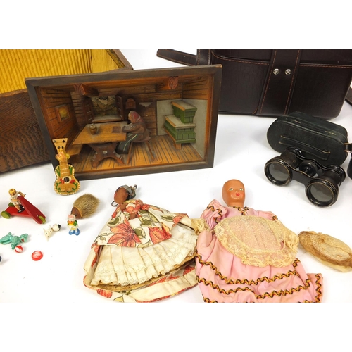 2649 - Miscellaneous items including a pair of binoculars, Black Forest carved wood diorama, dolls and a Mi... 