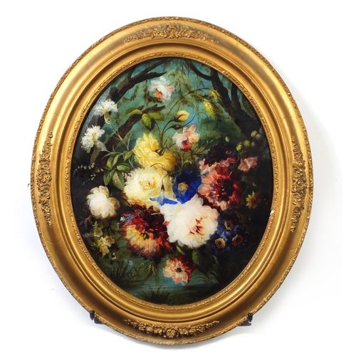 2261 - Still life flowers, oval reverse glass painting, framed, 44cm x 36cm