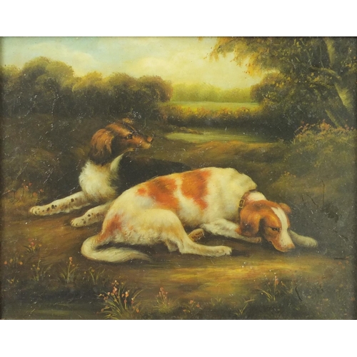 2174 - Ornate gilt framed oleograph of two dogs in a landscape, 24cm x 19cm