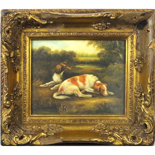2174 - Ornate gilt framed oleograph of two dogs in a landscape, 24cm x 19cm