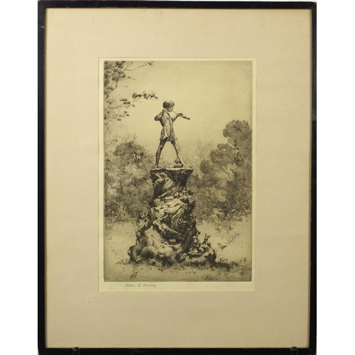 2549 - Hilda E Bonsey - Peter Pan, pencil signed black and white etching, mounted and framed, 29cm x 19.5cm