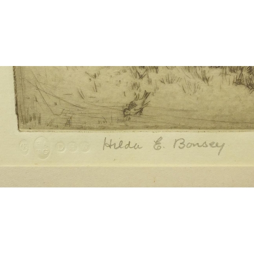 2549 - Hilda E Bonsey - Peter Pan, pencil signed black and white etching, mounted and framed, 29cm x 19.5cm