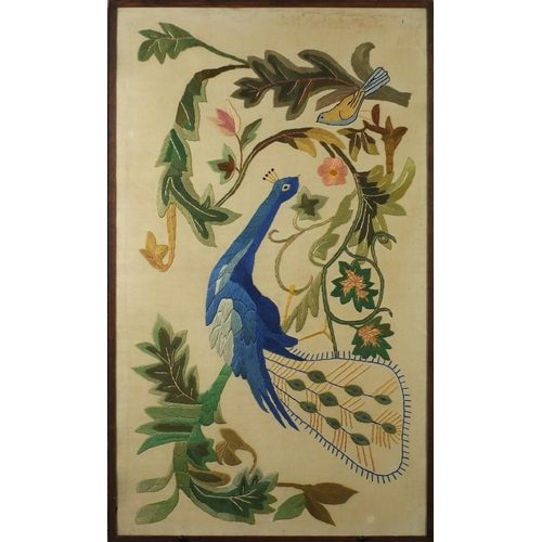 2526 - Arts & Crafts silk embroidery of two birds, framed, 81cm x 47.5cm