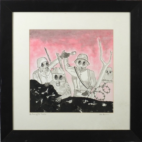 2566 - Mike - The horror of the trenches and moored boats, two watercolours mounted and framed, the largest... 