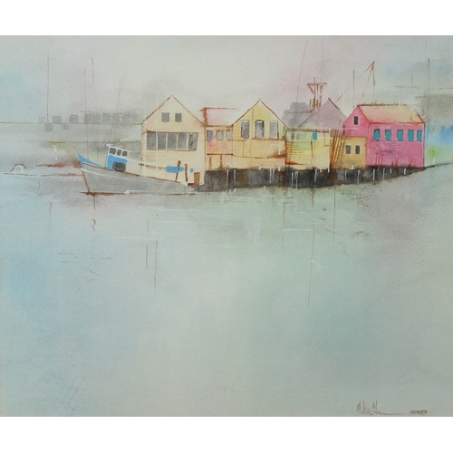 2566 - Mike - The horror of the trenches and moored boats, two watercolours mounted and framed, the largest... 