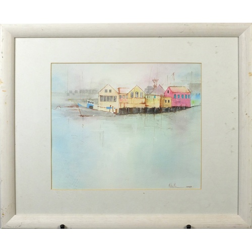 2566 - Mike - The horror of the trenches and moored boats, two watercolours mounted and framed, the largest... 