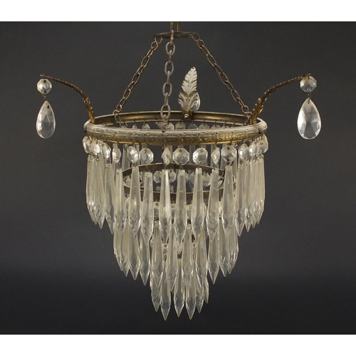 2035 - Three tier brass bag chandelier with cut glass drops, 29cm in diameter