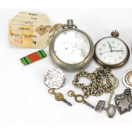 2936 - Objects including military pocket watch, Ingersoll pocket watch, Victorian silver aesthetic brooch a... 