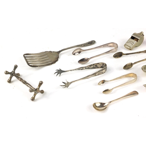 2954 - Objects including a pair of silver plated sugar tongs,  vesta and Acme Thunderer whistle