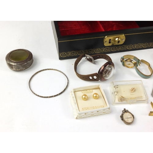 2958 - Costume jewellery including 9ct gold necklace, silver rings, silver brooches and bracelets housed in... 