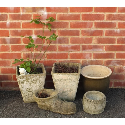 2151 - Five stoneware garden planters including a pair and one in the form of a boot