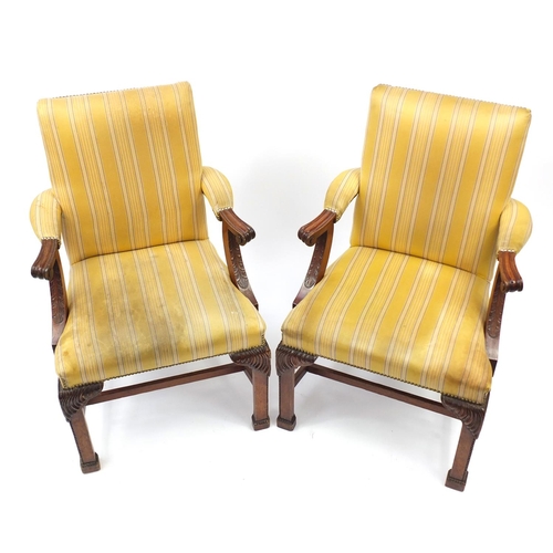2020 - Pair of mahogany framed Gainsborough chairs, with yellow striped upholstery, 102cm high