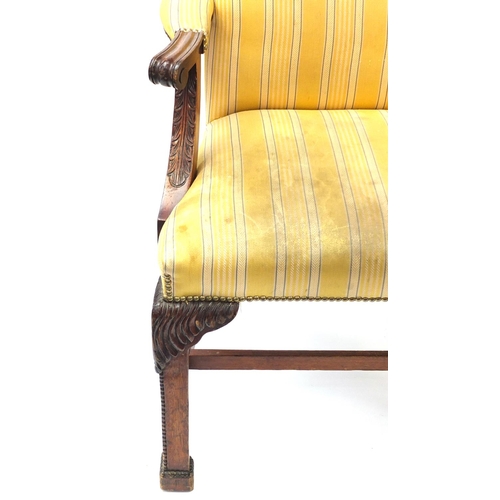 2020 - Pair of mahogany framed Gainsborough chairs, with yellow striped upholstery, 102cm high