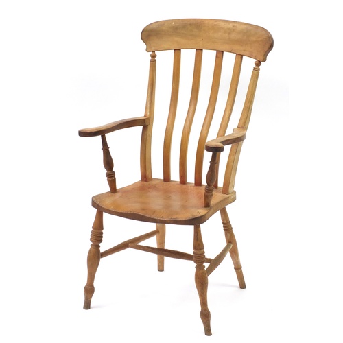 2054 - Beech and elm slat back open armchair, 110cm high