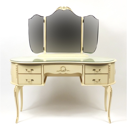 2113 - Cream and gilt kidney shaped dressing table with mirrored back and stool, 139cm H x 131cm W x 50cm D