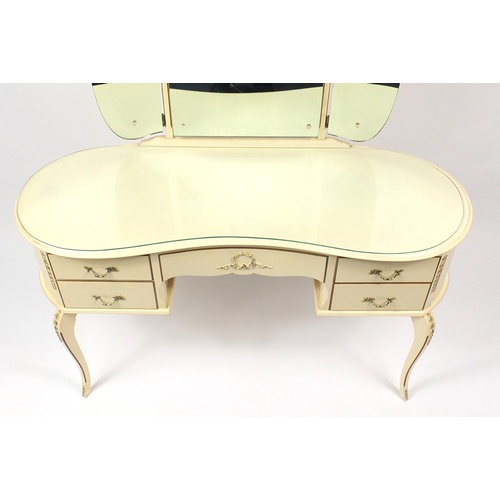 2113 - Cream and gilt kidney shaped dressing table with mirrored back and stool, 139cm H x 131cm W x 50cm D