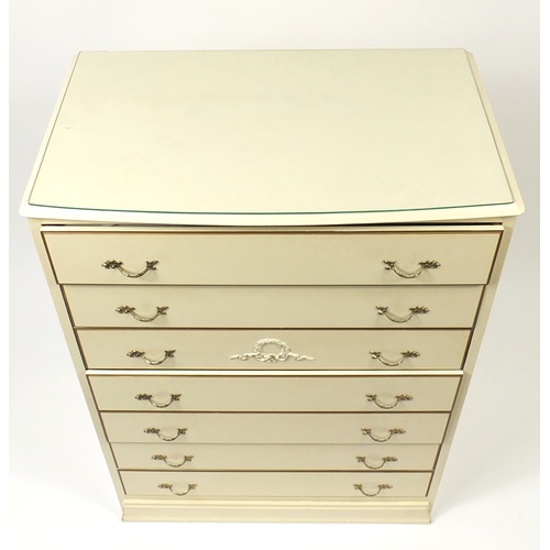 2112 - Cream and gilt seven drawer chest, 104cm H x 78cm W x 49cm D