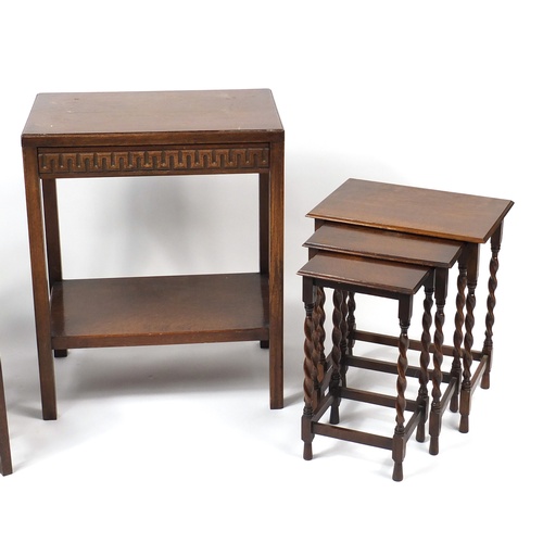 2078 - Two nests of three oak occasional tables and oak work table with sewing contents