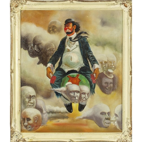 2353 - Surreal clown in the sky, Italian school oil on board, bearing a signature Pino, 60cm x 49cm