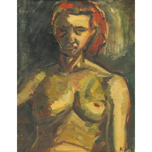 2358 - Abstract composition, top half portrait of a nude female, oil on canvas, bearing a monogram KV and i... 