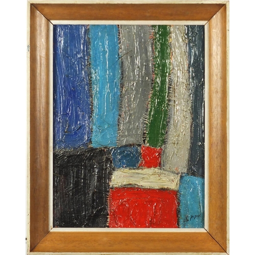 2382 - Manner of John Piper - Abstract composition of geometric shapes, oil on canvas, framed, 39cm x 30cm