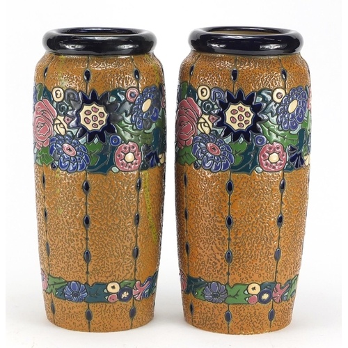 2170 - Large pair of Art Nouveau Czechoslovakian pottery vases by Amphora, enamelled with flowers, each 40c... 