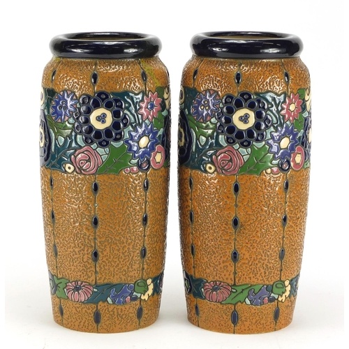2170 - Large pair of Art Nouveau Czechoslovakian pottery vases by Amphora, enamelled with flowers, each 40c... 