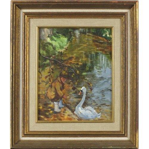 2399 - Manner of James Le Jeune - Boy feeding a swan, watercolour, framed, 24.5cm x 19.5cm