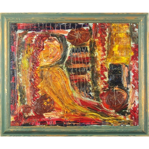 2241 - Abstract composition, female in an interior, oil onto canvas, framed, 49cm x 40cm