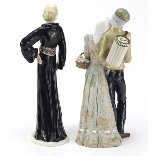 2265 - French pottery figure group and a porcelain model of a Art Deco female, the largest 32cm high