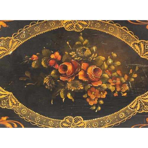 2658 - Ornate twin handled tray hand painted with flowers, 58.5cm wide