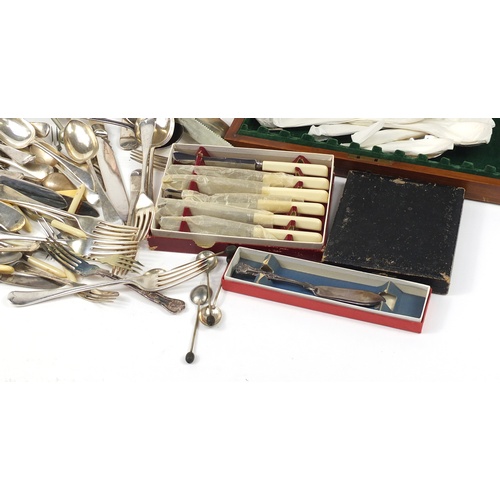 2442 - Mostly silver plated and stainless steel cutlery including some sets, including some with ivory and ... 