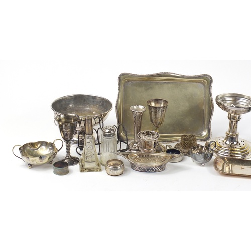 2337 - Mostly silver plate including snuffers on tray, silver napkin rings, silver topped glass sifter and ... 