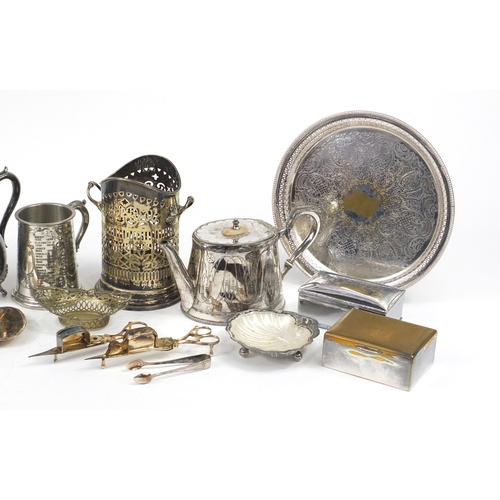 2337 - Mostly silver plate including snuffers on tray, silver napkin rings, silver topped glass sifter and ... 