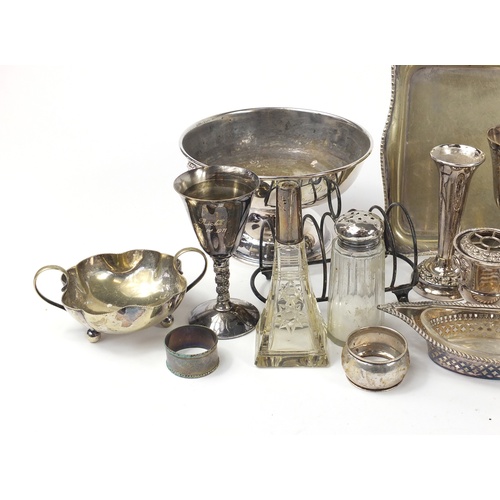 2337 - Mostly silver plate including snuffers on tray, silver napkin rings, silver topped glass sifter and ... 