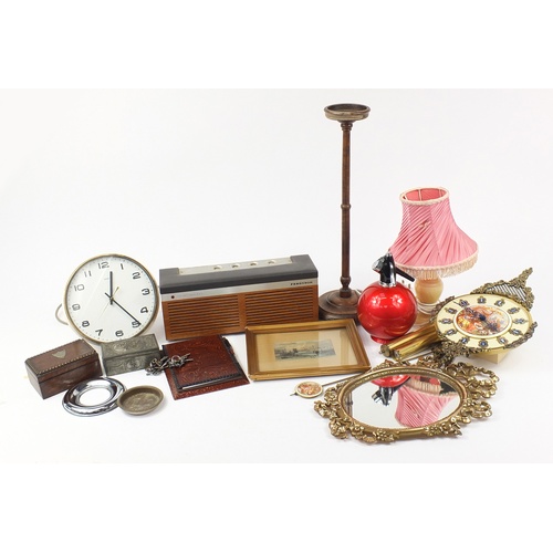 2453 - Sundry items including Ferguson radio, German wall clocks, oak smoker's stand and soda syphon