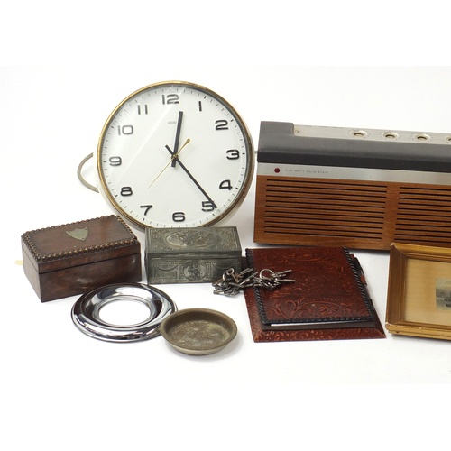 2453 - Sundry items including Ferguson radio, German wall clocks, oak smoker's stand and soda syphon