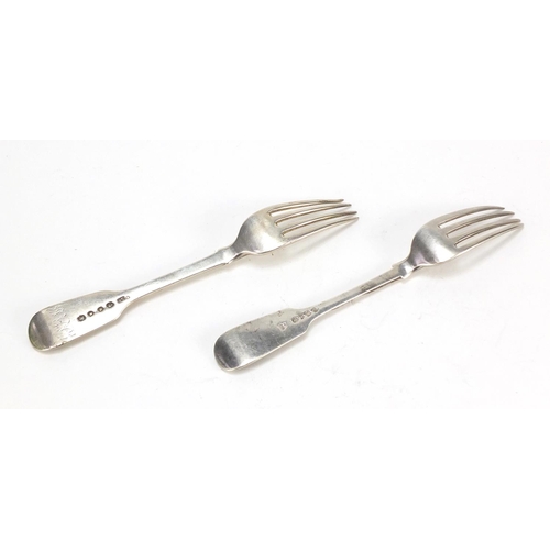 2792 - Two Victorian silver forks, London 1845 and 1880, each 17.5cm in length, 108.5g