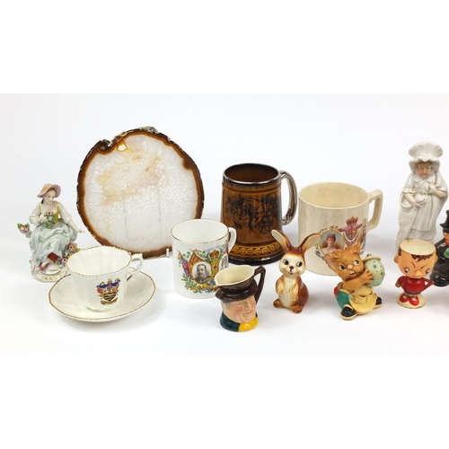 2601 - Assorted china including commemorative tankards, agate slab, German Beerstein and Toby jugs