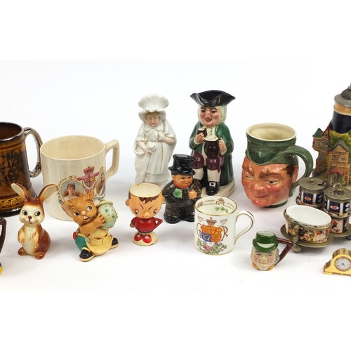 2601 - Assorted china including commemorative tankards, agate slab, German Beerstein and Toby jugs