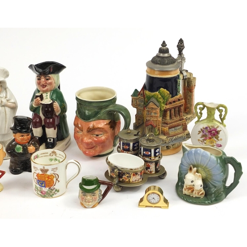 2601 - Assorted china including commemorative tankards, agate slab, German Beerstein and Toby jugs