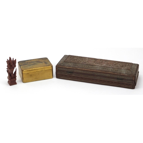 2946 - Japanese lacquered box and cover, a Vizigapatam glove box and a carved wood deity